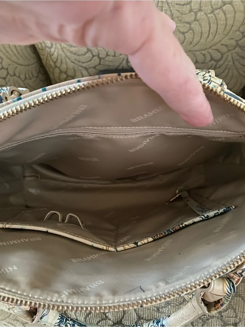 Brahmin Cream Croc-Embossed Satchel with Floral & Leopard Motif